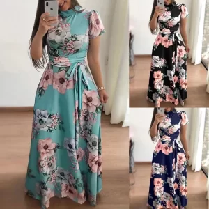 2023 Summer New Women's Luxury Sexy Retro Fashion Round Neck Mid Waist Casual Comfortable Flower Printed Large Swing Dress