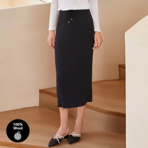 BC-323 High Quality Slim Fit Elegant A-Line Knee Length 16GG 60NM 100% Merino Wool Clothes Knitted Skirt solid woolen Skirts