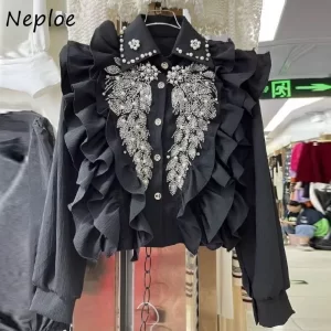 Neploe Heavy Beading Sequin Wing Shirt for Women 2024 New Lapel Neck Black Blouses Y2k Long Sleeve Ruffles Blusas Mujer